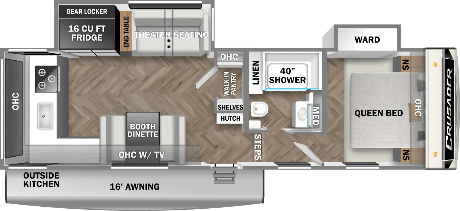 The 265MLE has two slideouts and one entry. Exterior features an outside kitchen and awning. Interior layout front to back: foot facing queen bed with overhead cabinet and night stands on each side, and an off-door side wardrobe slideout; off-door side full bathroom with medicine cabinet and linen closet; steps down to main living area and entry; hutch and walk-in pantry with overhead cabinet and shelves along inner wall; off-door side slideout with theater seating, end table, and refrigerator with gear locker behind; door side booth dinette with overhead cabinet and TV; kitchen counter wraps from door side to rear with sink, cooktop and overhead cabinet. Optional free-standing dinette with four chairs available in place of booth dinette.